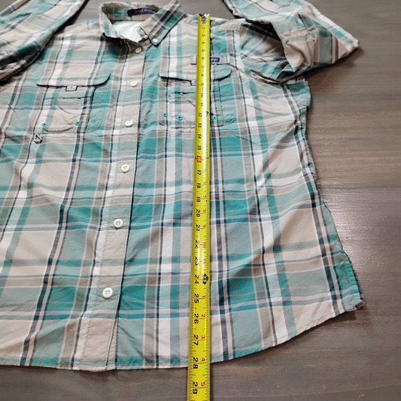 Columbia PFG Shirt Mens L Green Tan Plaid Super Bahama Omni Shade Long Sleeve - Picture 8 of 13